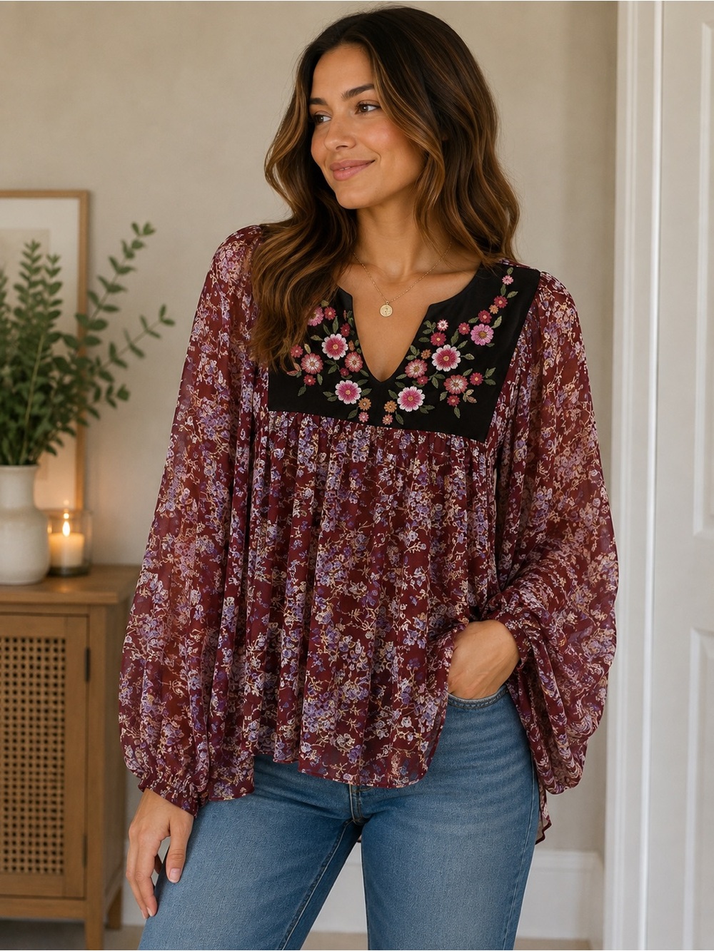 Umgee Boho Floral Embroidered Velvet Bib Blouse Small Burgundy
